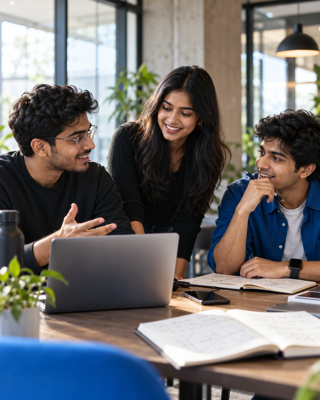 Three students discussing a business idea around a laptop