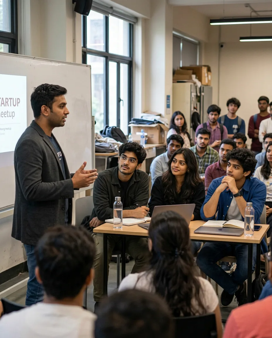 Students listening to a young founder at a campus startup meetup