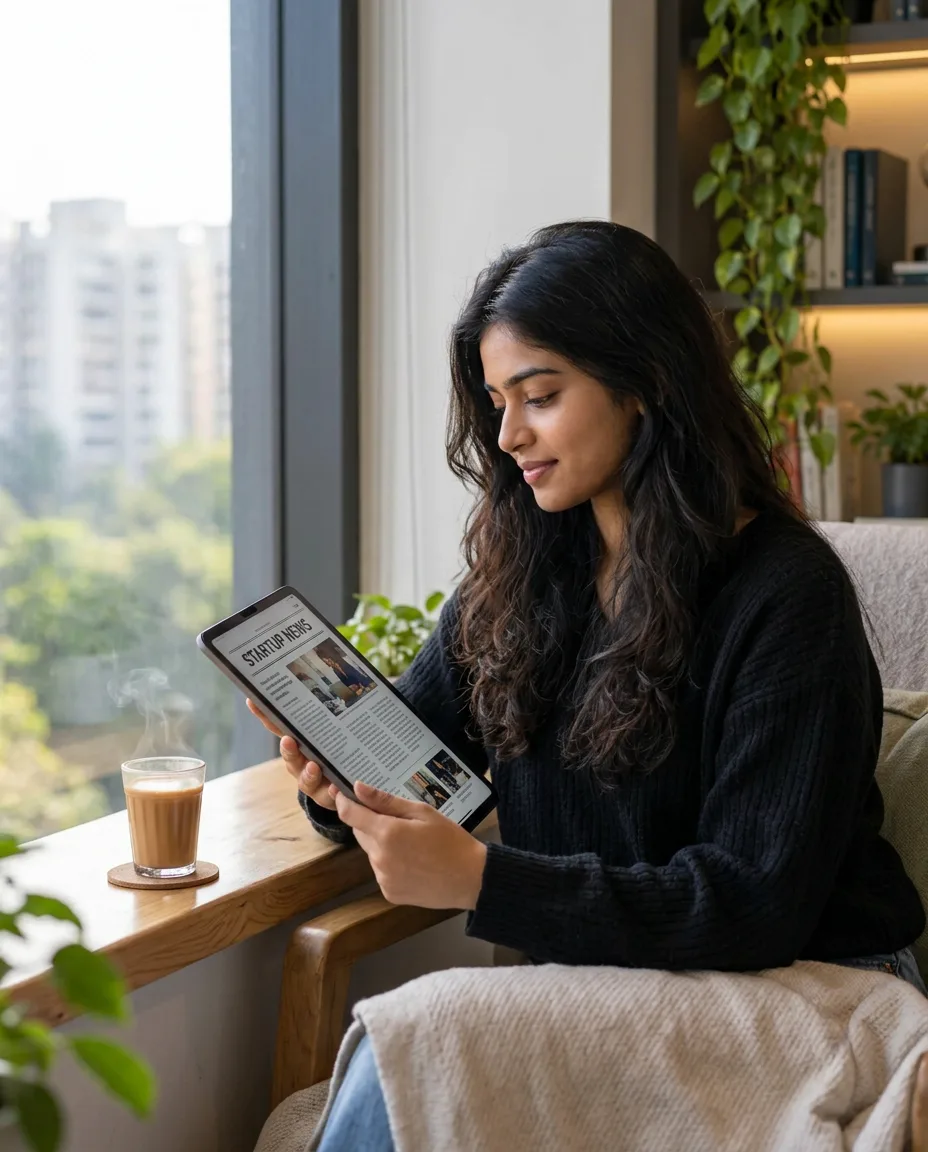 A student reading startup news on a tablet with a cup of chai by a window