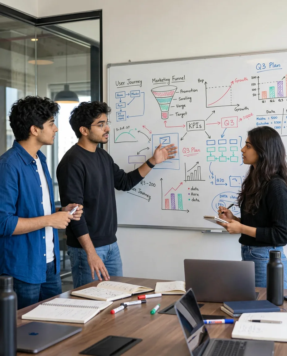 Students studying a whiteboard of business diagrams and numbers