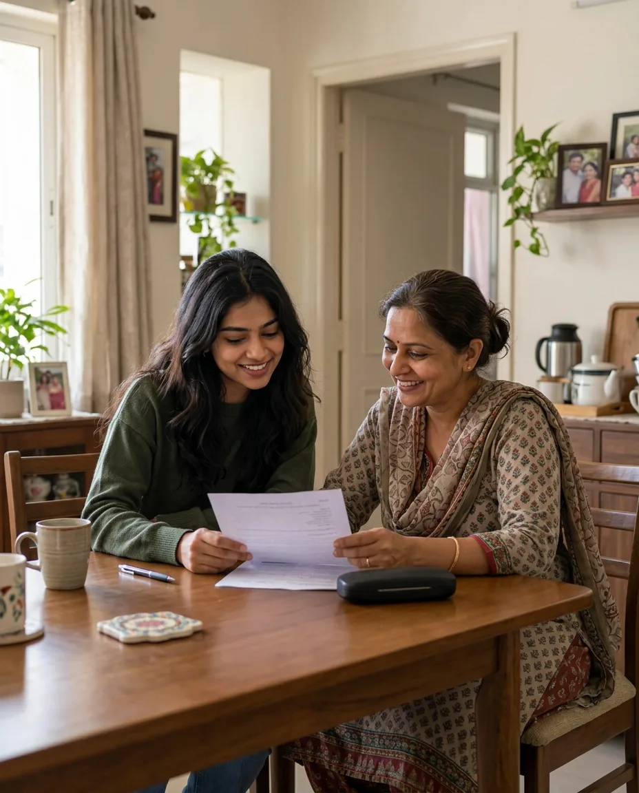 A student and her mother smiling over a document at the dining table