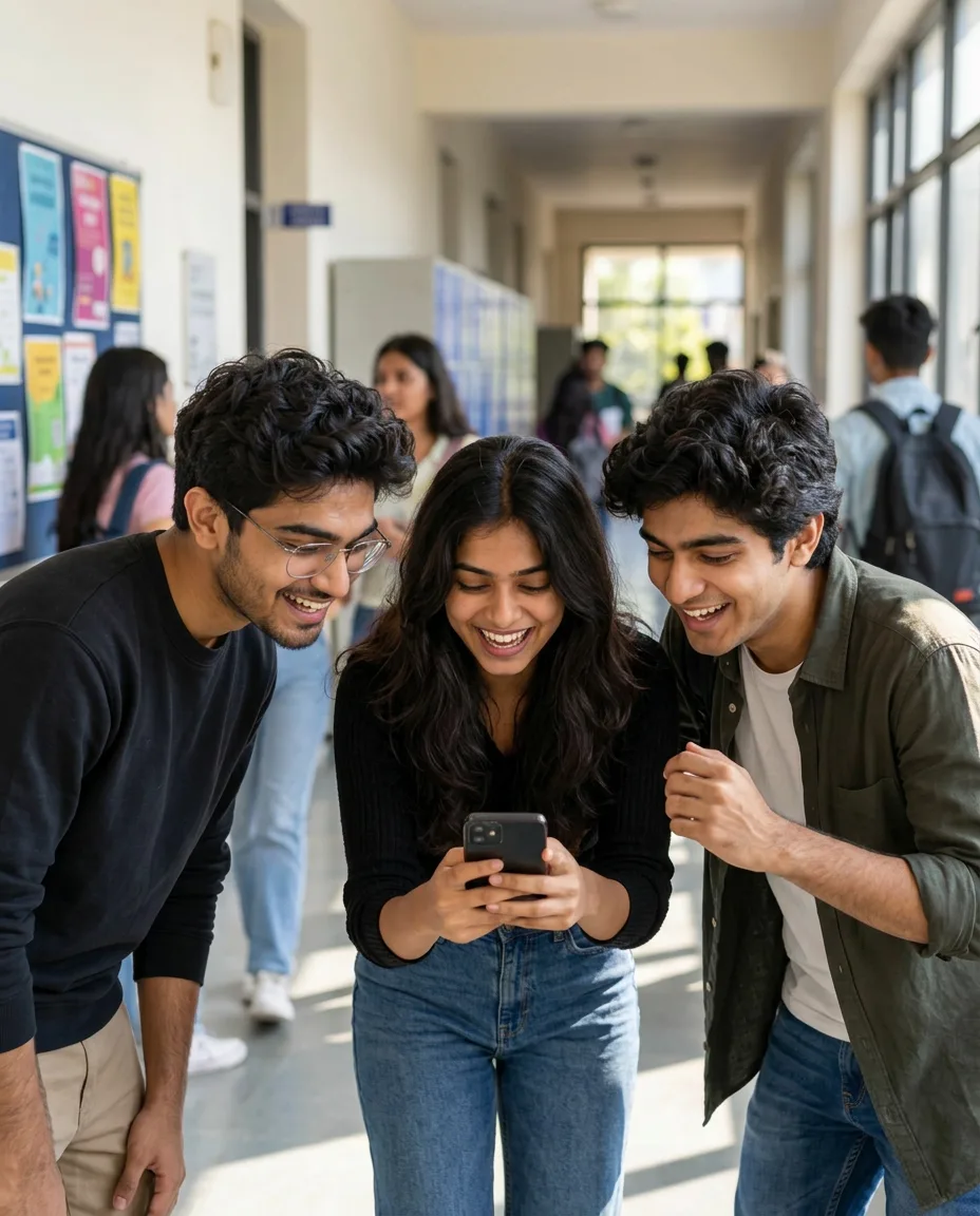 Students happily looking at a result on a phone in a college corridor