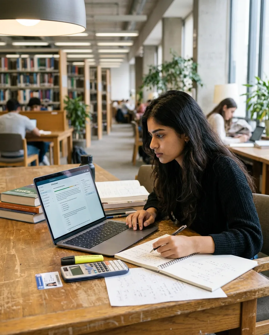 A student taking an online test on her laptop in a college library