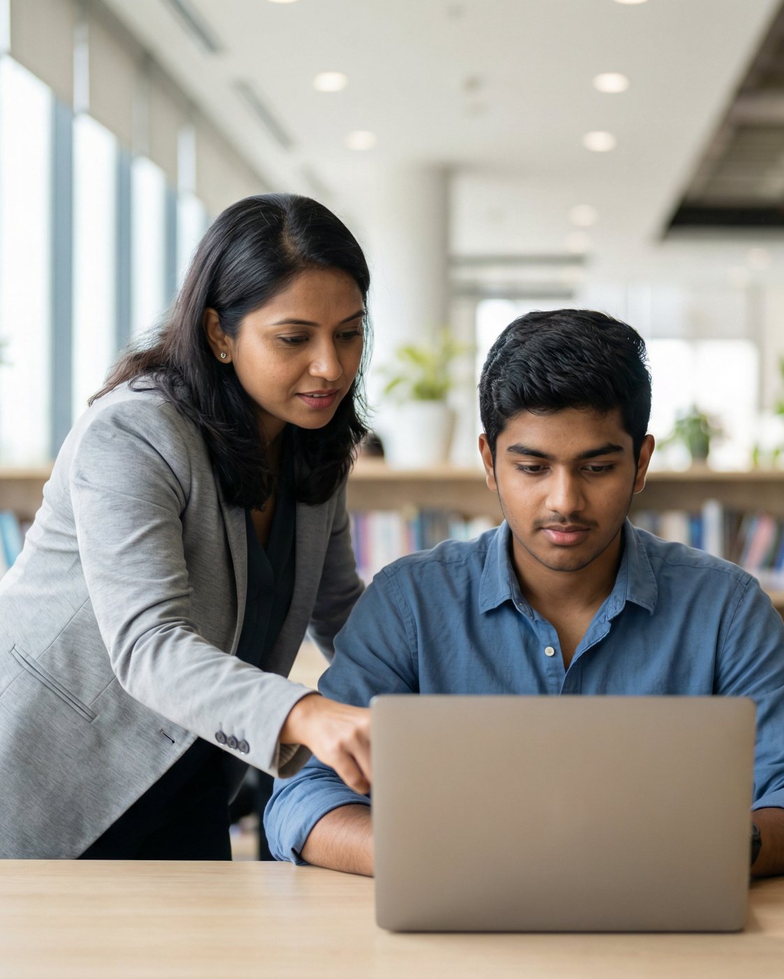 A young mentor guiding a student on a laptop in a bright office